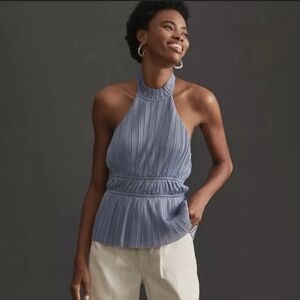 NWT Anthropologie En Elly Pleated Halter Top Metallic Grey Size L Elegant